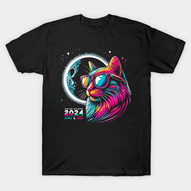 Galactic Gaze: Feline Witness to the 2024 Eclipse T-Shirt by WEARWORLD